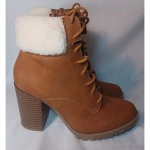 Ana Redwood Cognac Booties Womens Size 7.5 M Heel Boot Faux Fur Trim